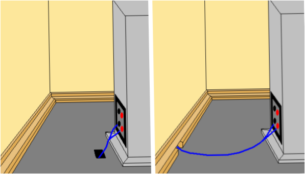 Vedení přípojky pro reproduktory otvorem v podlaze