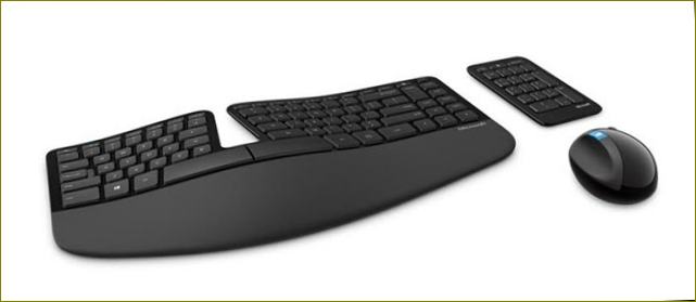Microsoft Wireless Sculpture, ergonomická klávesnice, numerická klávesnice a myš